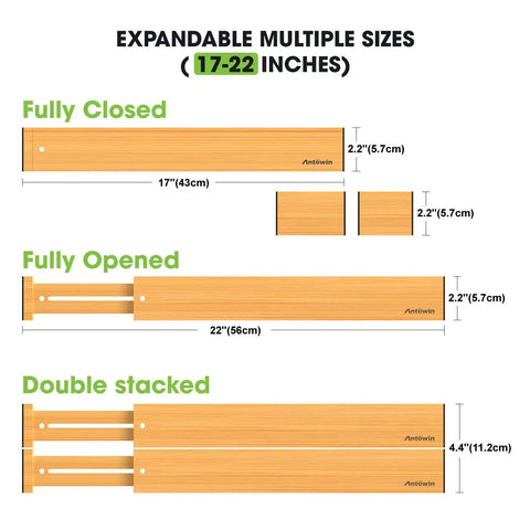 Expandable Bamboo Drawer Dividers Organizer For Big Drawers 17 To 22 Inches Long Adjustable Spring Loaded for Utensils