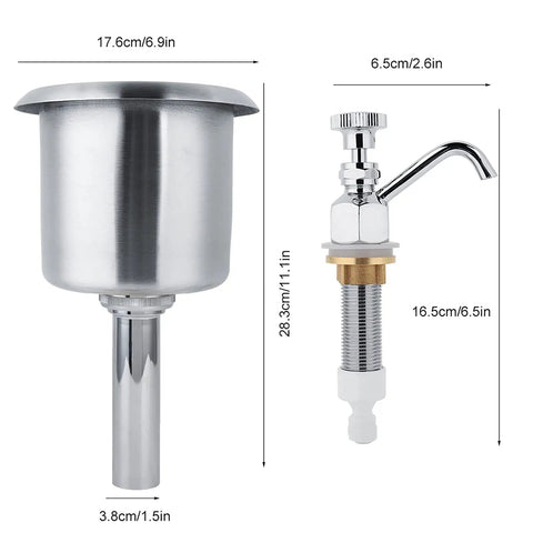 Dimensions of Stainless Steel Brass Dipper Well Faucet for Coffee Shop Sinks shown with parts, ideal for quick rinse.