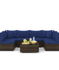 Front view of 7 Piece Outdoor Wicker Patio Furniture Set for Six With Cushions, 2 Throw Pillows, Sofa Fastener Clips, Rattan Sectional