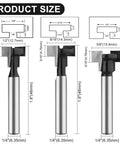 Image of Six Piece Keyhole And T Slot Router Bit Set With 1 Quarter Inch Shanks, showing three cutter diameters from 1 Quarter Inch to 5 Eighth Inch.