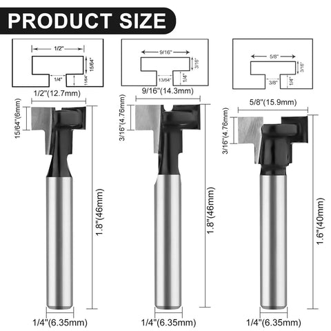 Image of Six Piece Keyhole And T Slot Router Bit Set With 1 Quarter Inch Shanks, showing three cutter diameters from 1 Quarter Inch to 5 Eighth Inch.