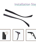 No Sweat TR90 Eyeglasses Replacement Arms Temple Repair Kit With Screws And Compact Screwdriver, installation steps with black TR90 arms.