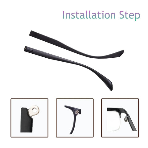 No Sweat TR90 Eyeglasses Replacement Arms Temple Repair Kit With Screws And Compact Screwdriver, installation steps with black TR90 arms.