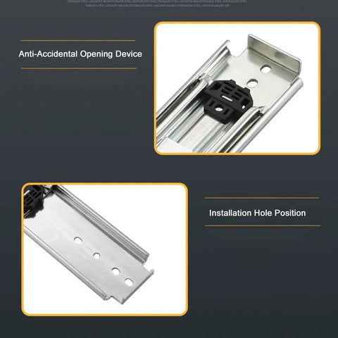 Beefy 500lbs Locking Drawer Slides with anti-accidental opening device and installation hole position detail