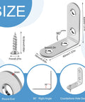 Diagram of 16 Pcs Stainless Steel L Bracket Set With 64 Screws, 90 Degree Right Angle Corner Braces, dimensions and design features shown.