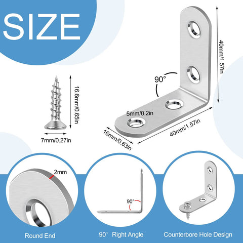 Diagram of 16 Pcs Stainless Steel L Bracket Set With 64 Screws, 90 Degree Right Angle Corner Braces, dimensions and design features shown.