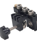 Front view of Precise Dowel Jig Kit for Accurate Drilling and Furniture Assembly, adjustable aluminum drill guide with anodized surface.