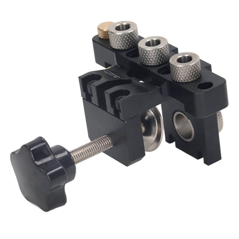 Front view of Precise Dowel Jig Kit for Accurate Drilling and Furniture Assembly, adjustable aluminum drill guide with anodized surface.