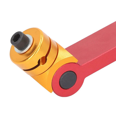 Precision Adjustable Vise Stop Locator For CNC Mill And Lathe Work Tables Features T Slot Compatibility And Flexible Angle Height Control close-up view of red and gold adjustable tool head