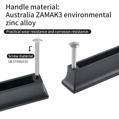 Close-up of 6 Inch Black Matte Cabinet Handles Set For Kitchen Cabinets And Drawers Durable Zinc Alloy Pulls and screws.