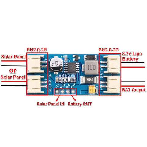 Top view of MPPT Solar Charger For Li Battery 6V 12V Input, 3.7V 4.2V Output, 2A Charging Board Module with labeled connectors.