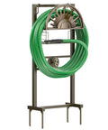 Heavy Duty Garden Hose Holder With Brass Faucet Freestanding Hose Reel Stand With Storage Basket Detachable Reel Holds Up To 150 Feet For Outdoor Patio Yard And Lawn, showing green hose coiled on metal frame with brass faucet