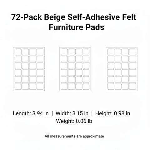 Image of 72 Pack Beige Felt Furniture Pads Self Adhesive Square Floor Protectors For Hardwood And Tile with size specifications.