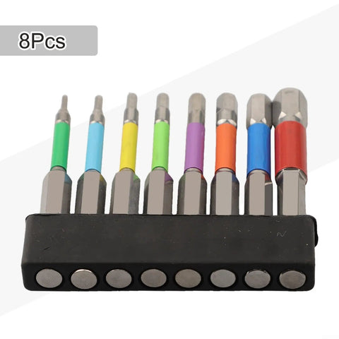 Solid Hex Screwdriver Bits Set With 4 Inch Shank And Color Coded Ferrules For Heavy Duty Drilling Tasks Featuring Magnetic Tips And Durable Alloy Steel Construction In H5 To H8 Sizes. 8pc set in holder