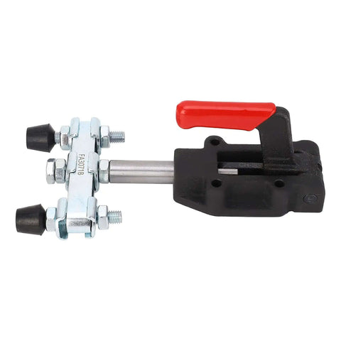 Heavy Duty Double Headed Toggle Clamp For Metalworking Woodworking Drilling Grinding And Welding Built Tough From Carbon Steel With Blue Zinc Finish For Indoor Outdoor Use Easy Install Bench Clamp close-up view.