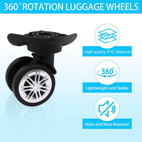 Close-up of 360° rotation luggage wheel showing high-quality PVC material and mute feature from Luggage Wheels Replacement Kit.