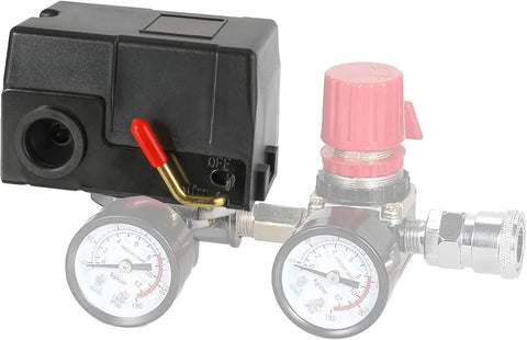 Pressure Switch For Air Compressors Replacement Parts Four Port Universal Pump Control Valve Twenty Amp 95 To 125 PSI Range LF10 4H Compatible Unloader Valve Connection One Quarter Inch NPT Female Fittings Plug And Play Install, showing front view with gauges and red knobs.