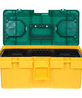 Heavy Duty Plastic Toolbox Organizer With Reinforced Grip For Job Site Hardware And Straight Up Rugged Storage open view showcasing storage compartments.