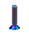 Side view of burnt-blue titanium bolt with flange head and long threaded shaft