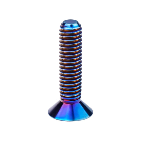 Side view of burnt-blue titanium bolt with flange head and long threaded shaft