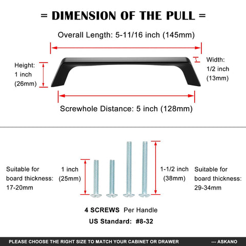 Dimension chart for 10 Pack 5 Inch Hole Centers Brushed Nickel Cabinet Pulls showing length, width, height, and included screws.