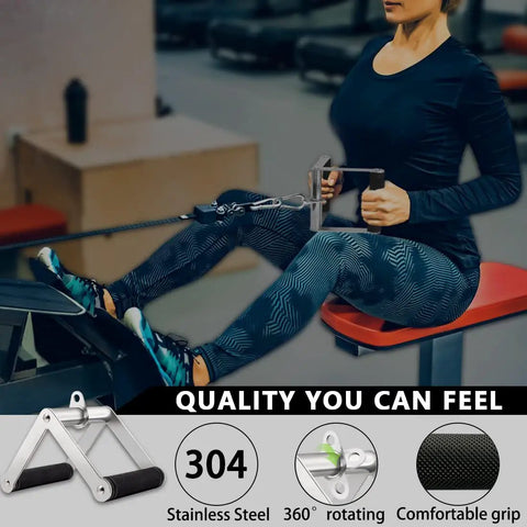 Woman using cable attachments for gym lat pulldown machine with straight pull down bar and 304 stainless steel V handle with rotation.