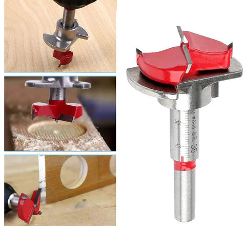 Kickin Out Flawless Holes With Zero Sweat From This Top Shelf Five Piece Forstner Drill Bit Set Featuring Adjustable Pilot Guide For Smooth Hinge Boring On Hardwood close-up of Forstner drill bit in use on wood, showing adjustable pilot guide and sharp cutting edges