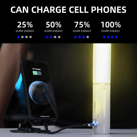 Foldable rechargeable camping light with stand charging a phone, highlighting USB-C feature for versatility in power outages.