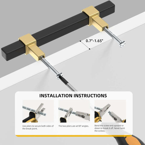 Installation instructions for Premium Zinc Alloy Cabinet Pulls measuring 3 inches long, featuring black and gold finish.