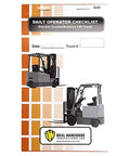 Replacement Checklist Caddy For Electric Counterbalance Forklift With 75 Carbon Copy Inspection Sheets And Polyethylene Envelope cover showing daily checklist and lift truck images.
