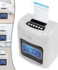 Heavy Duty Electronic Punch Time Clock For Small Business Crews Offering Hassle Free Auto Aligning Card Feeder And Keyed Security Lock Includes Fifty Trackers Plus Master Control Key on desk with time card inserted.