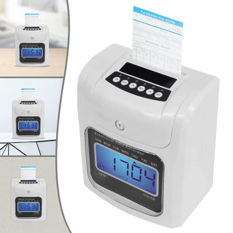 Heavy Duty Electronic Punch Time Clock For Small Business Crews Offering Hassle Free Auto Aligning Card Feeder And Keyed Security Lock Includes Fifty Trackers Plus Master Control Key on desk with time card inserted.