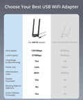 Comparison chart for AX1800 USB WiFi 6 Adapter showcasing features like 1201Mbps speed, dual band, and high-gain antennas.