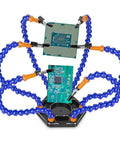 Six Arm Soldering Station with Flexible Gooseneck Arms and Aluminum Base holding circuit boards for precise electronics work.