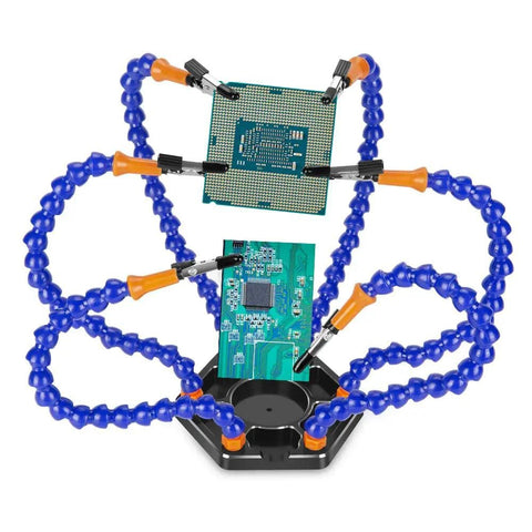 Six Arm Soldering Station with Flexible Gooseneck Arms and Aluminum Base holding circuit boards for precise electronics work.