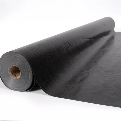 Top Shelf Synthetic Roof Underlayment Boasts Hardcore Fifty Year Waterproof Cover on a roll, measuring 200 feet long by 48 inches wide.