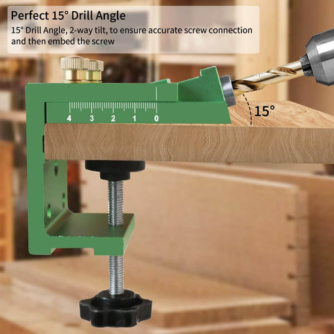 Precision Pocket Hole Jig With Two Hole Adjustable Angle Drill Guide For Woodworking in use at 15-degree angle on wood