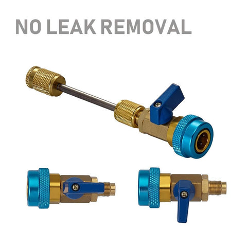 Air Conditioning Valve Core Remover And Installer Tool Set For R134A And R1234YF, showing blue and gold no-leak connectors