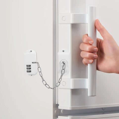 Kidproof Fridge Lock With Adjustable Password Code securing refrigerator door handle, adhesive mount visible, white color.