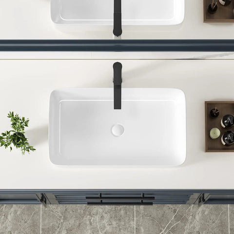 Top view of 24 Inch Countertop Vessel Sink For Bathroom, Modern Rectangular White Ceramic Basin, Above Counter Design on vanity.