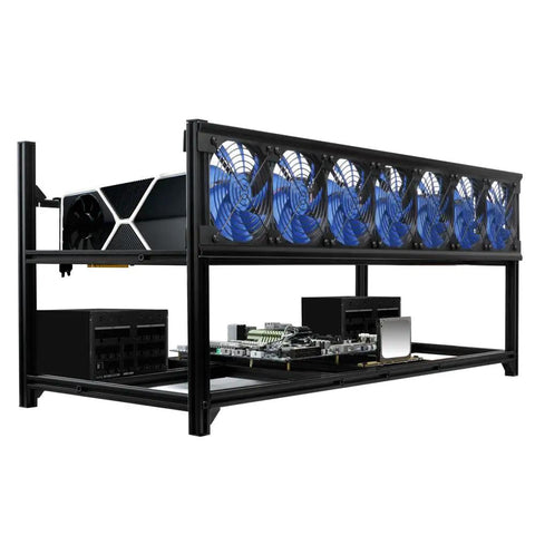 Heavy Duty 8 GPU Mining Rig Case Frame With Premium Aluminum Build Stackable Crypto Mining Enclosure showing multiple GPUs and cooling fans.