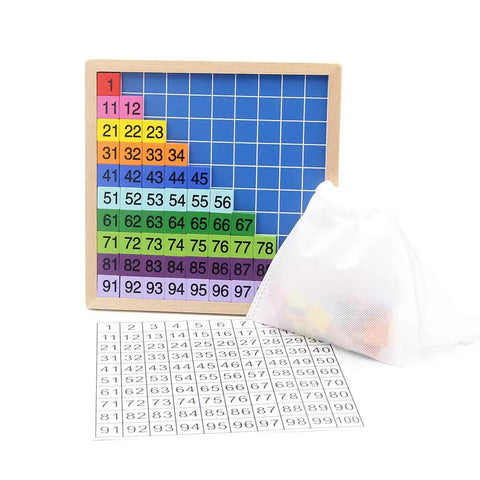 Wooden Math Learning Board Toy For Kids, Montessori 1 To 100 Hundred Chart with colorful tiles and storage bag.
