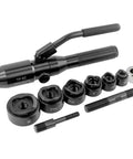 Pro Grade Portable Knockout Punch Kit With 6 Dies, 360 Degree Rotating Conduit Cutter, Metal Sheet Hole Puncher displayed on white background