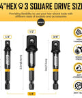 Versatile 9-Piece Impact Socket Adapter And Reducer Set For 1/4, 3/8, 1/2, And 3/4 Inch Drives with hex shank measurements shown