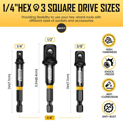 Versatile 9-Piece Impact Socket Adapter And Reducer Set For 1/4, 3/8, 1/2, And 3/4 Inch Drives with hex shank measurements shown