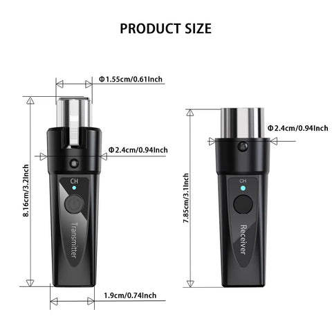 Wireless XLR Mic System With Two Transmitters And One Receiver For Dual Mic Setup product dimensions diagram