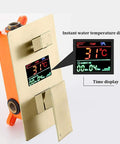 Slick Wall Mounted Rain Shower System Featuring Water Powered Led Digital Display And Easy Grip Single Lever Controls includes temperature and time display.