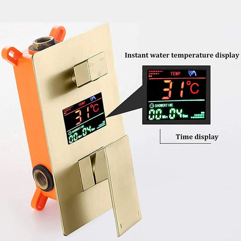 Slick Wall Mounted Rain Shower System With Digital Display And Water Powered Led Screen showing water temperature and shower time.