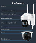 Detailed view of 10X Zoom Mesh WiFi 6 PTZ AI Tracking Security Camera System with dual lenses, antenna, and mounting bracket.