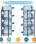 Heavy Duty 4 Tier Water Jug Rack for 5 Gallon Jugs Detachable Black Metal Bottle Holder with eight jugs storage.